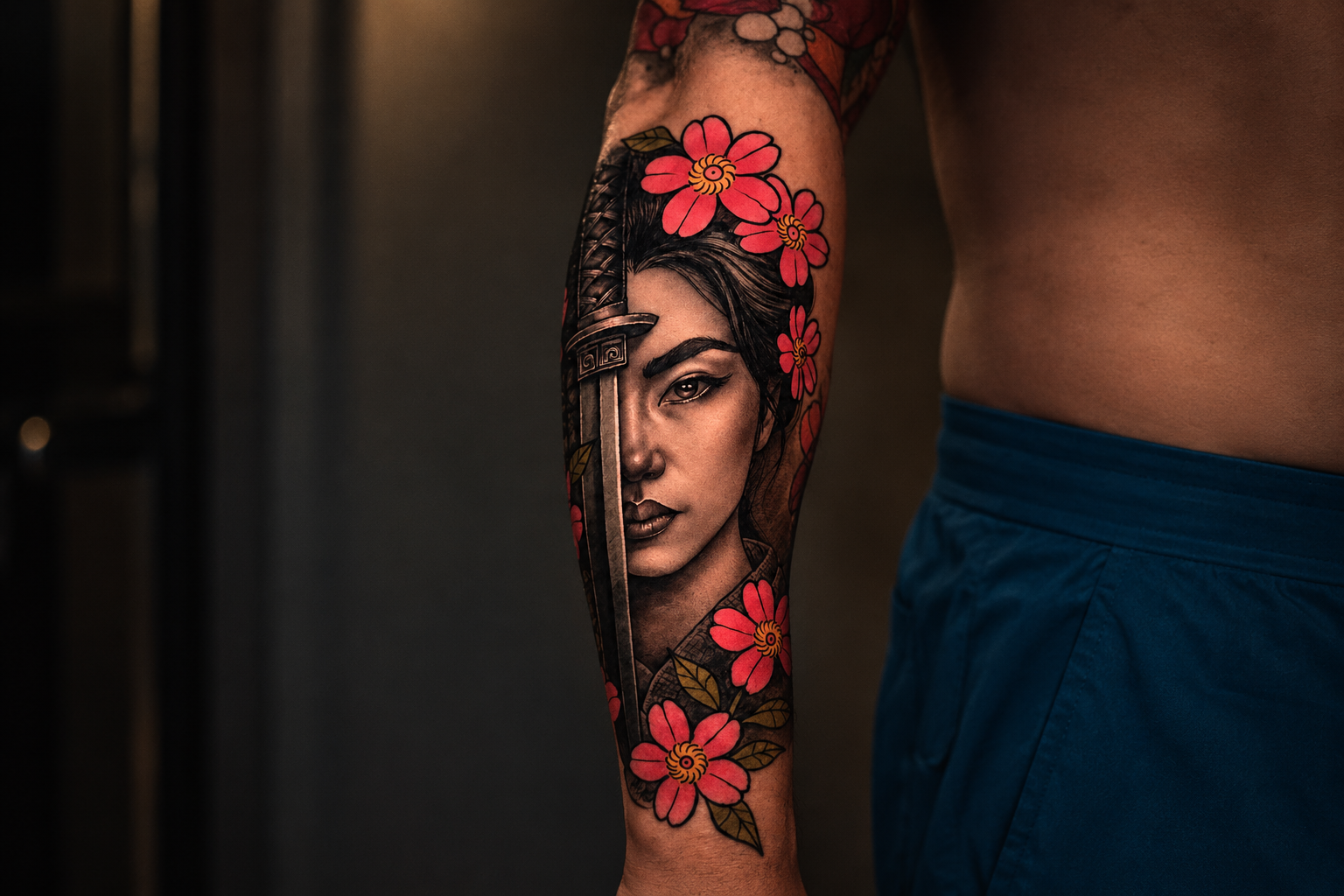 Forearm tattoo of a woman with a katana and red flowers