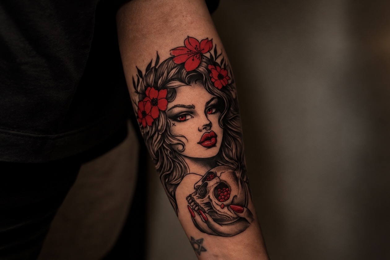 Black and red tattoo of a woman holding a skull