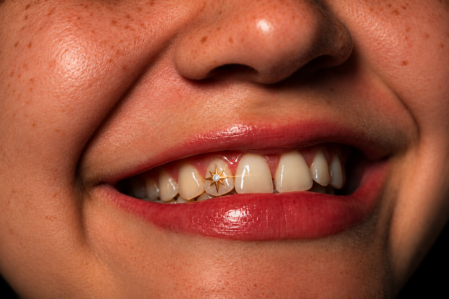 Close-up smile with a gold star tooth gem